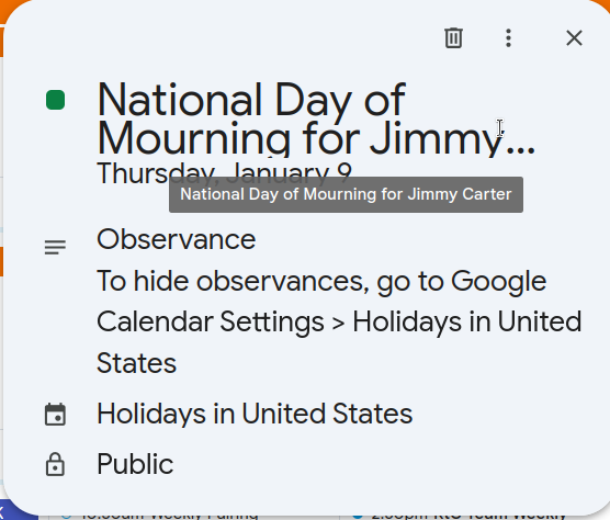 Tooltip over calendar item that says 